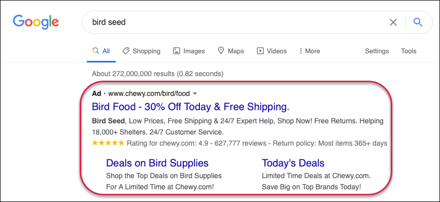 "Bird Seed" as Target Keyword with Search Campaign to ensure it's the first result.