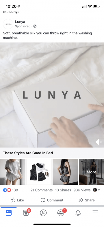 Lunya Facebook ad example