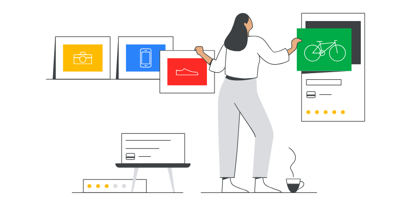 illustration of a woman creating ads for her products on Google