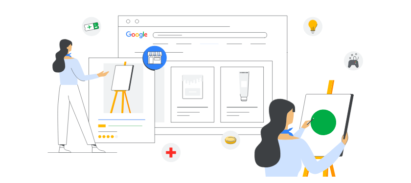 illustration of a woman painting a canva and buying art supplies on google shopping