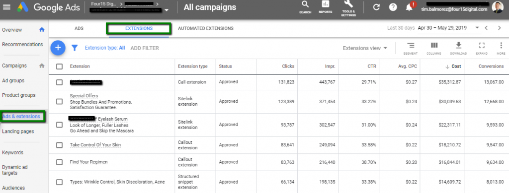 image showing the ads and extensions tab from Google Ads