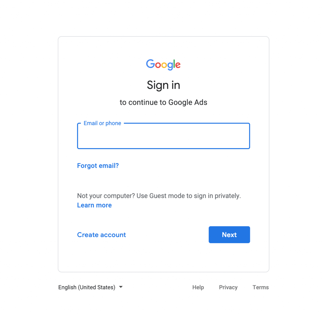 image showing the login screen from Google Ads