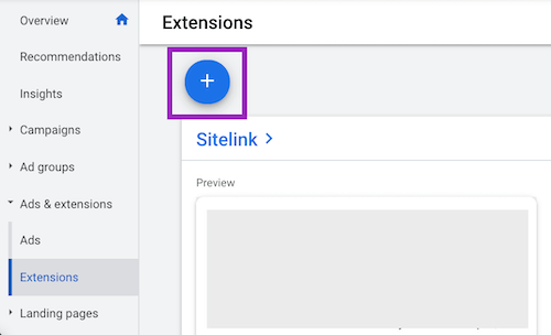 image showing the menu for adding new extensions to ads on google