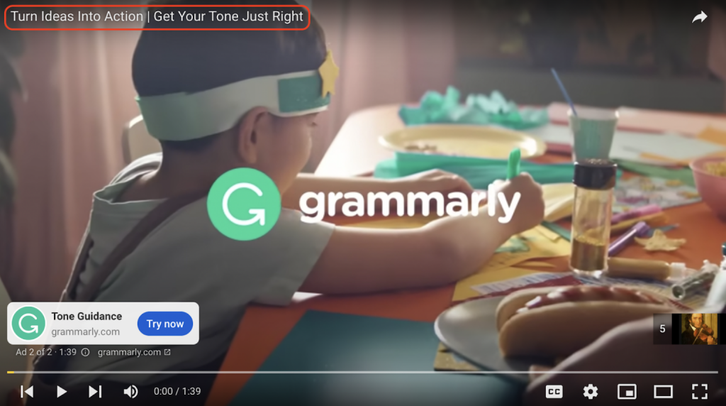 screenshot from Grammarly ad on youtube