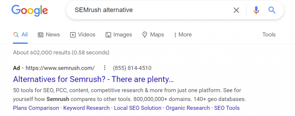 screenshot from SEMrush text ad on Google search engine results page