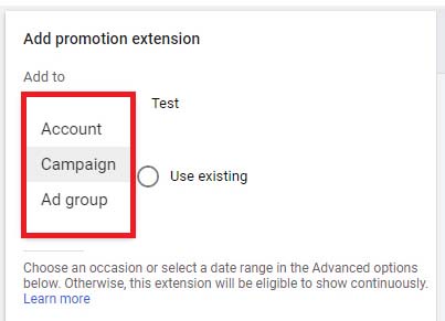 Account, campaign, and group promotion extension