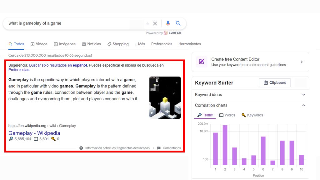 Example of featured snippets related to gaming.