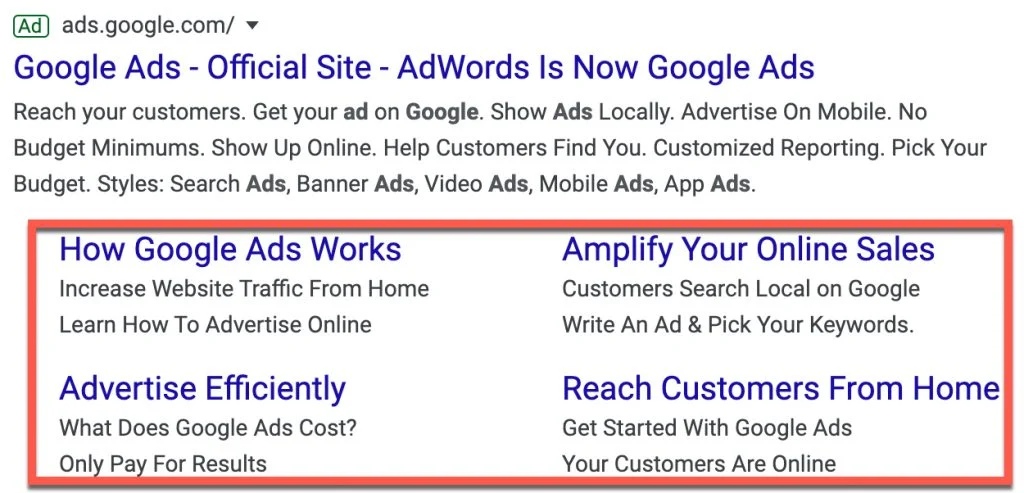 Google Ads sitelink example