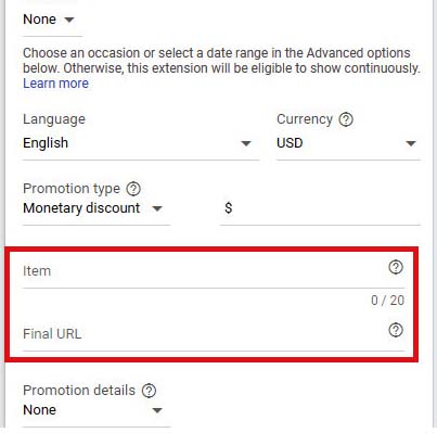 Item and final URL in promotion extensions
