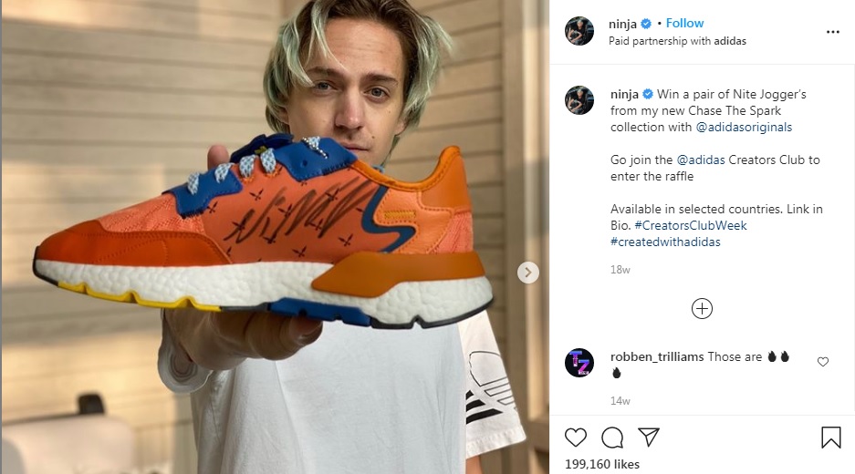 Ninja's sponsorship with adidas on Instagram