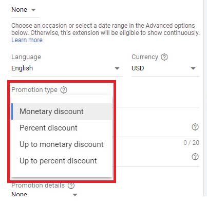 Promotion type on Google Ads