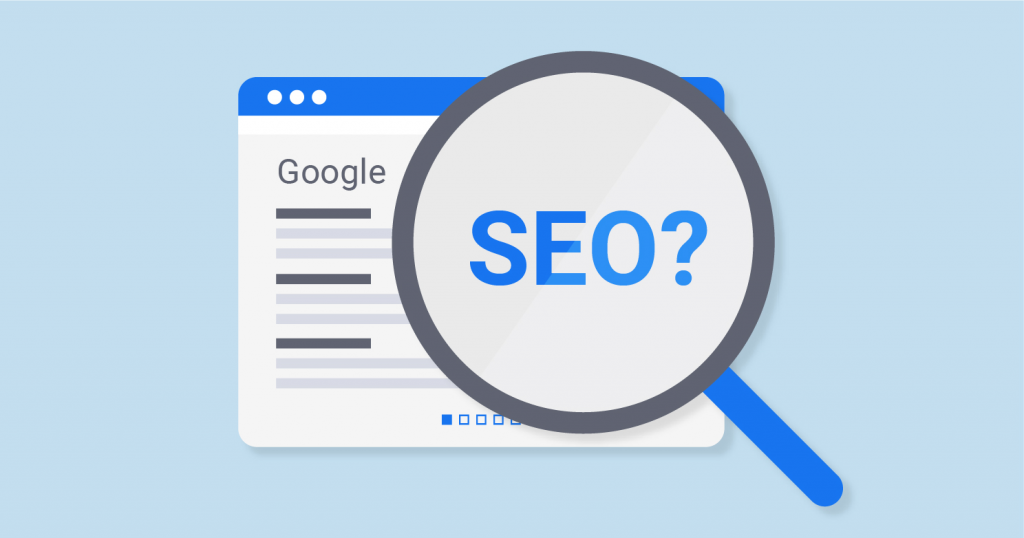 illustration showing a search results page with a magnifying glass at the word SEO