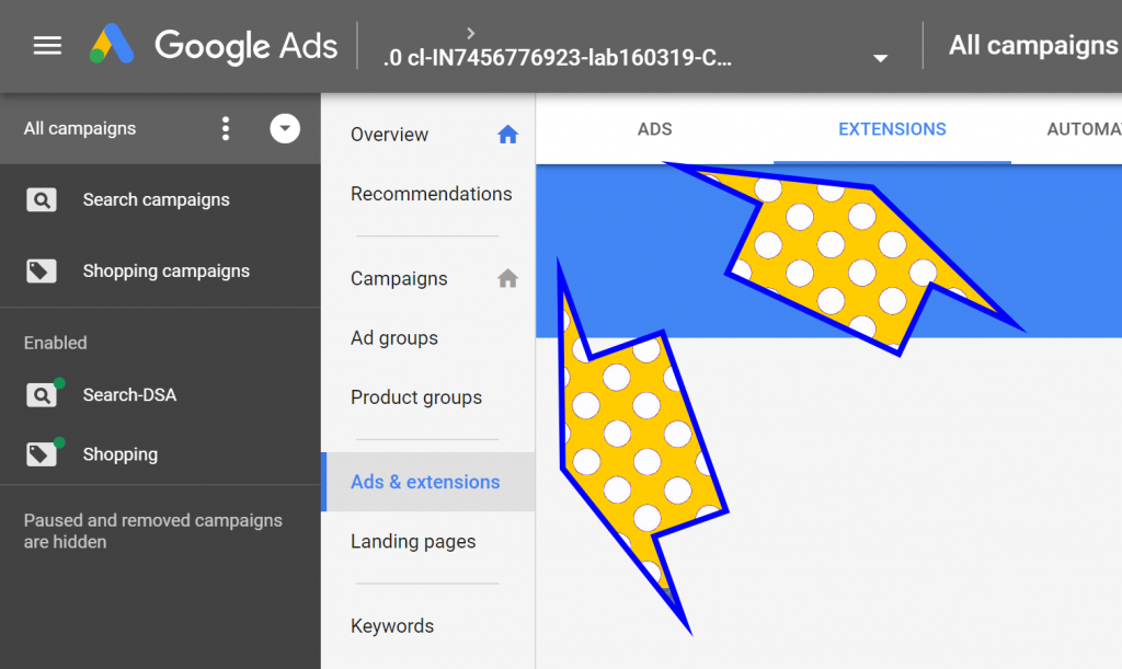 image from Google Ads showing the extension tab and where it's located