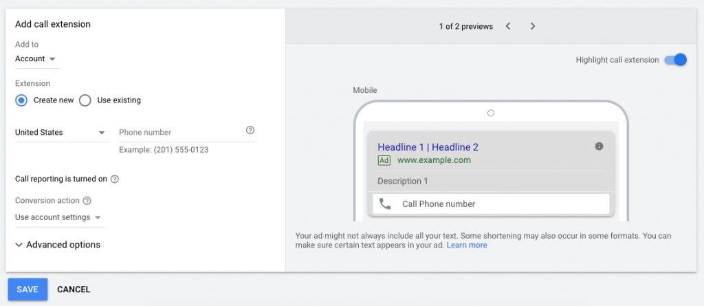 screenshot from the Google Ads call extension preview tab