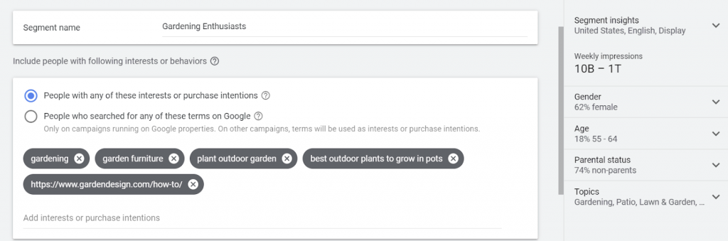 New custom segment window in Google Analytics