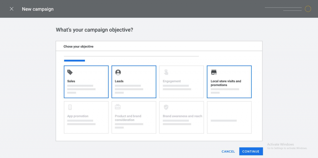 screenshot from Google ads showing the objective selection screen for performance max ads