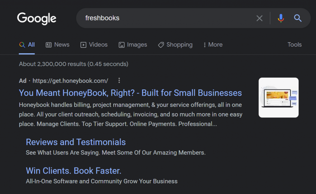 screenshot of a search ad from Honey Book