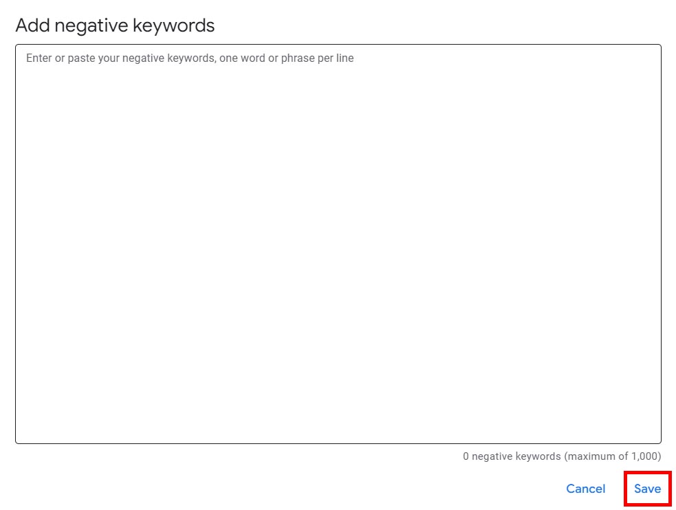 Add negative keywords box