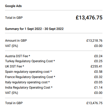 Example on different taxes a Google ad can get