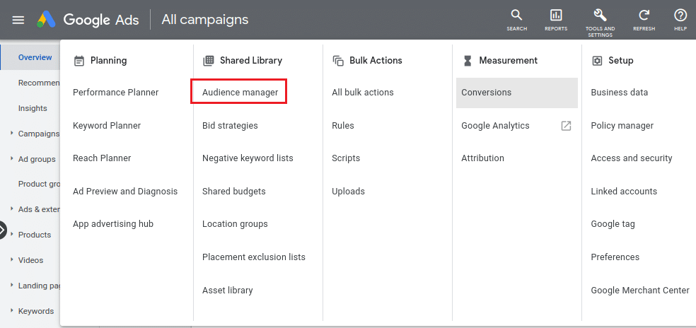 Google Ads campaigns printscreen with the "audience manager" highlighted.
