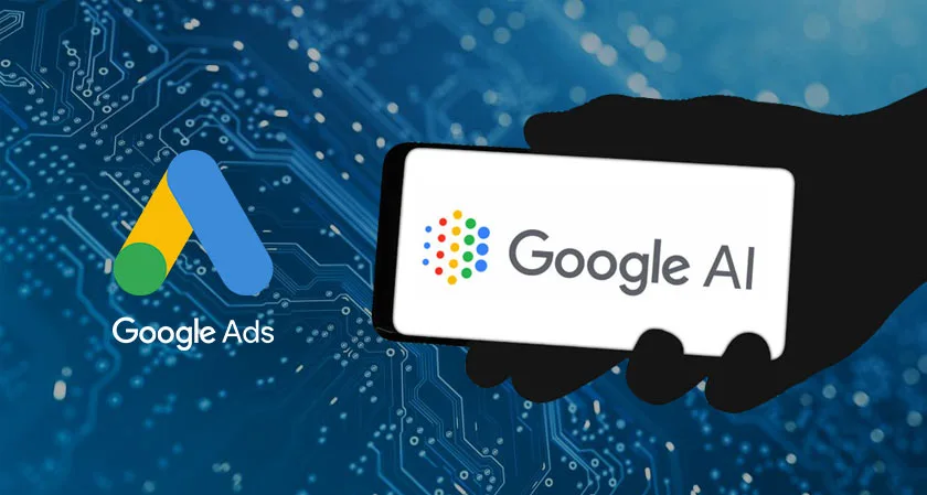 Google Ads's logo along with a hand holding a phone dislaying the Google AI logo