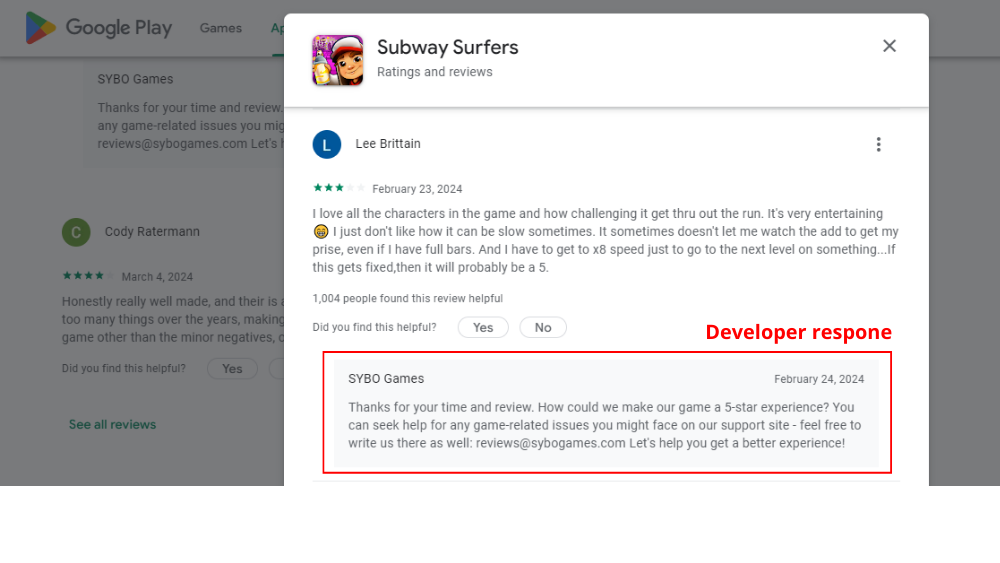 Review example of the mobile game Subway Surfers