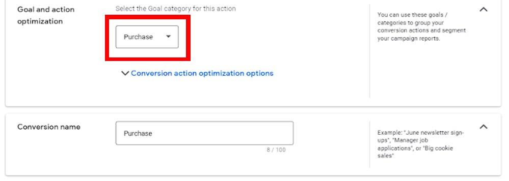 Selecting Goal and Action Optimization in Google Ads