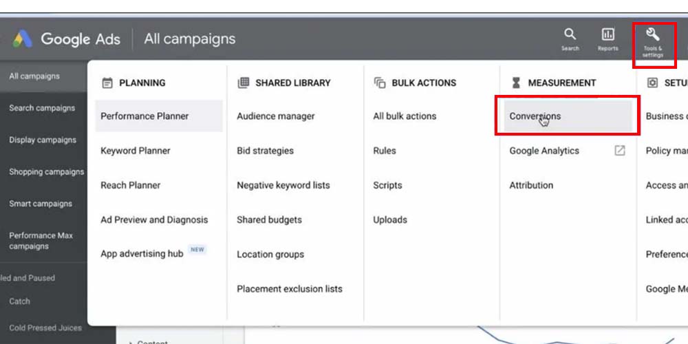 Selecting conversions in Google Ads campaings