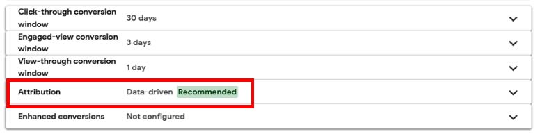 Selecting the attribution in Google Ads