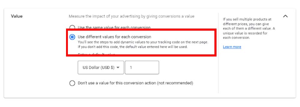 Selecting the value in Google Ads