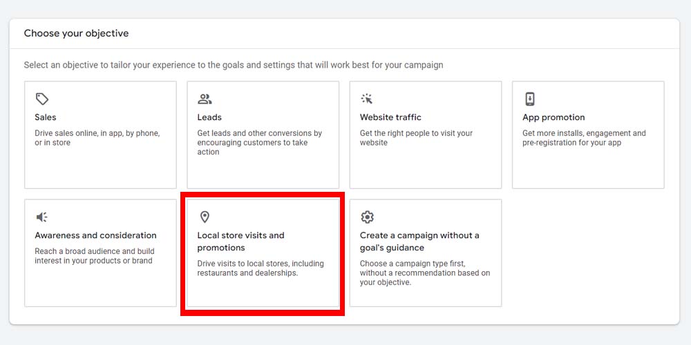 Selecting your objective in Google Ads