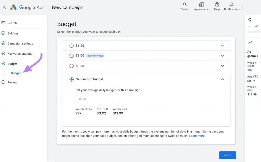 Setting a new budget in a new campaign