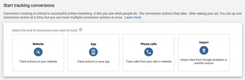 Start Tracking Conversions screen in Google Ads