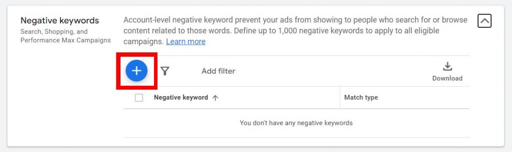 add negative keyword with performance max