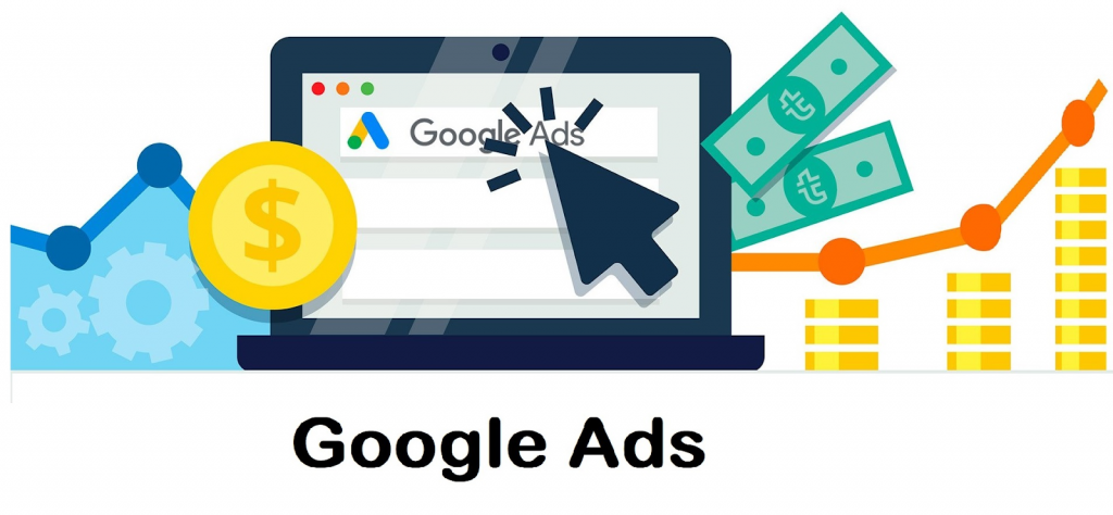 illustration of a laptop displaying google Ads's logo with multiple golden coins and money bills around it