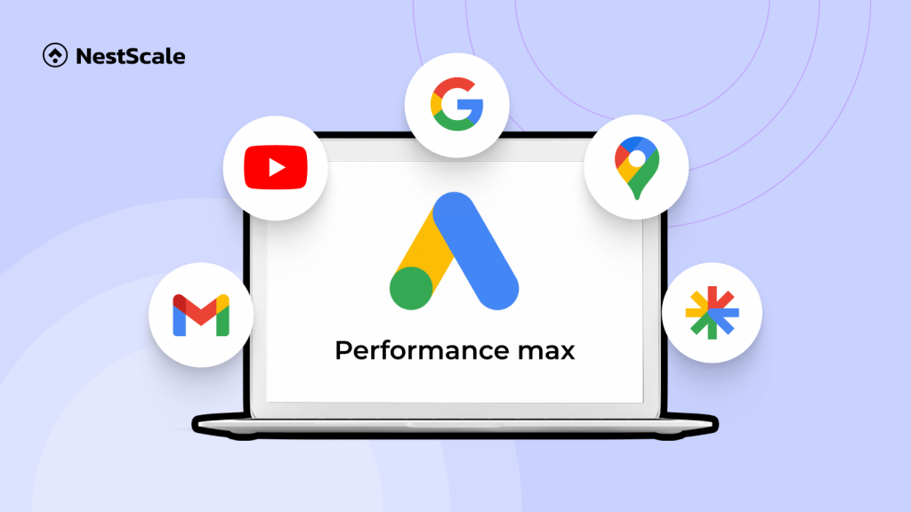 illustration of a laptop displaying the logos from Google's main platforms along with the text performance max in the middle