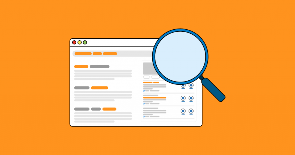 illustration of a magnifying glass pointing at a web page and analyzing the words in each resultaw