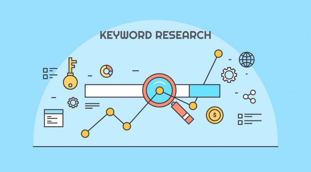 illustration showing a search bar with multiple elements around it and the text keyword research at the top
