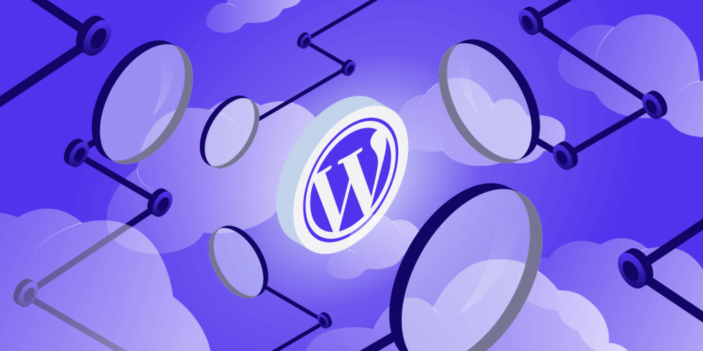 image displaying WordPress's logo along with multiple magnifying glasses around it