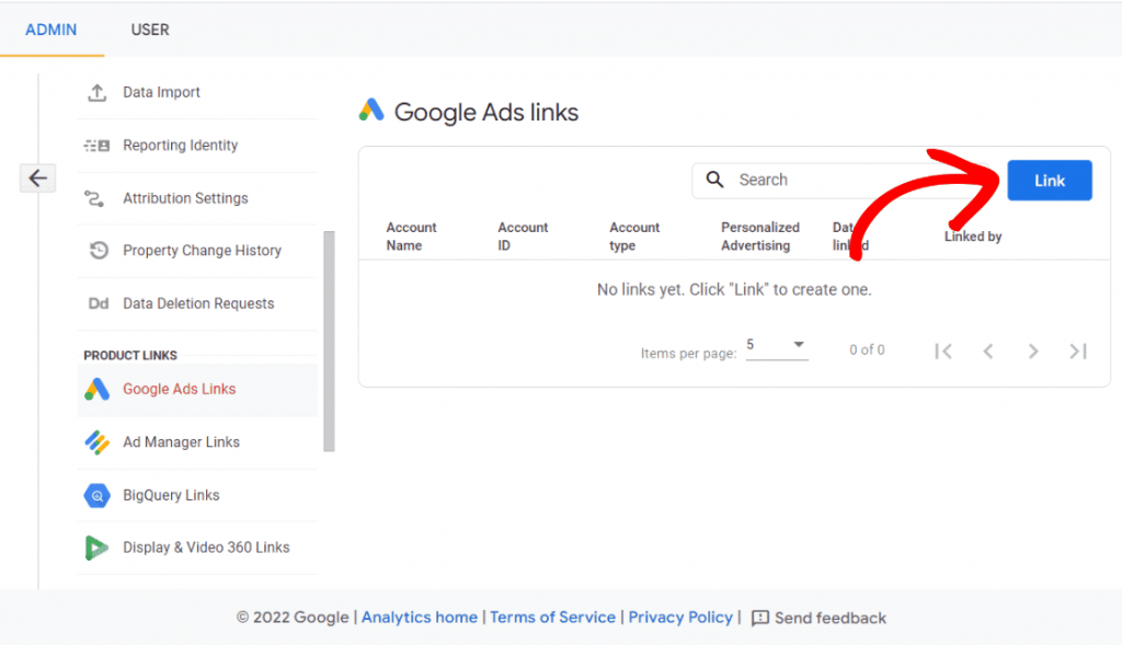 image from Google Ads admin tools showing the links page