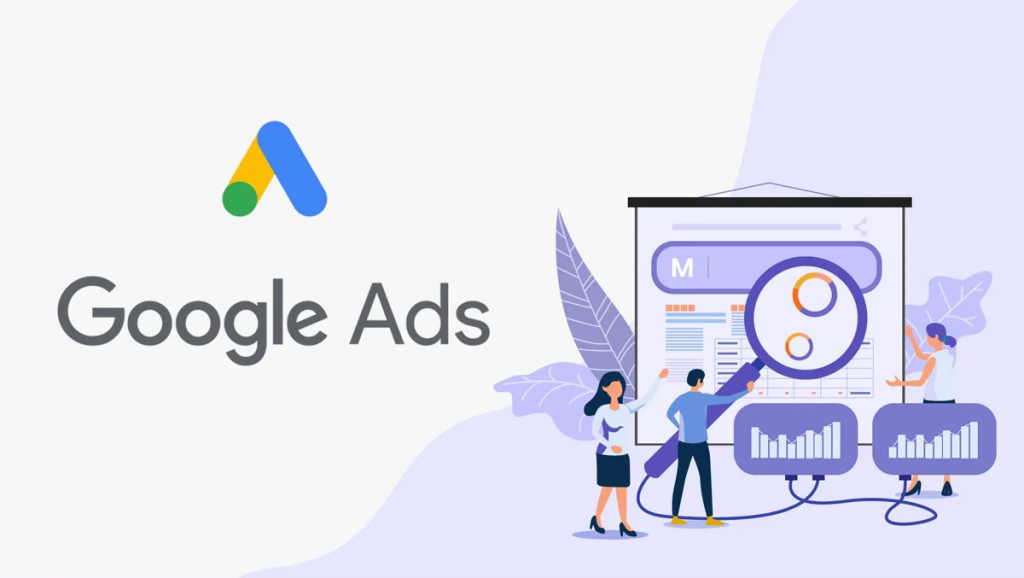 image showing the logo from Google ads along with an illustration of people working on a project together