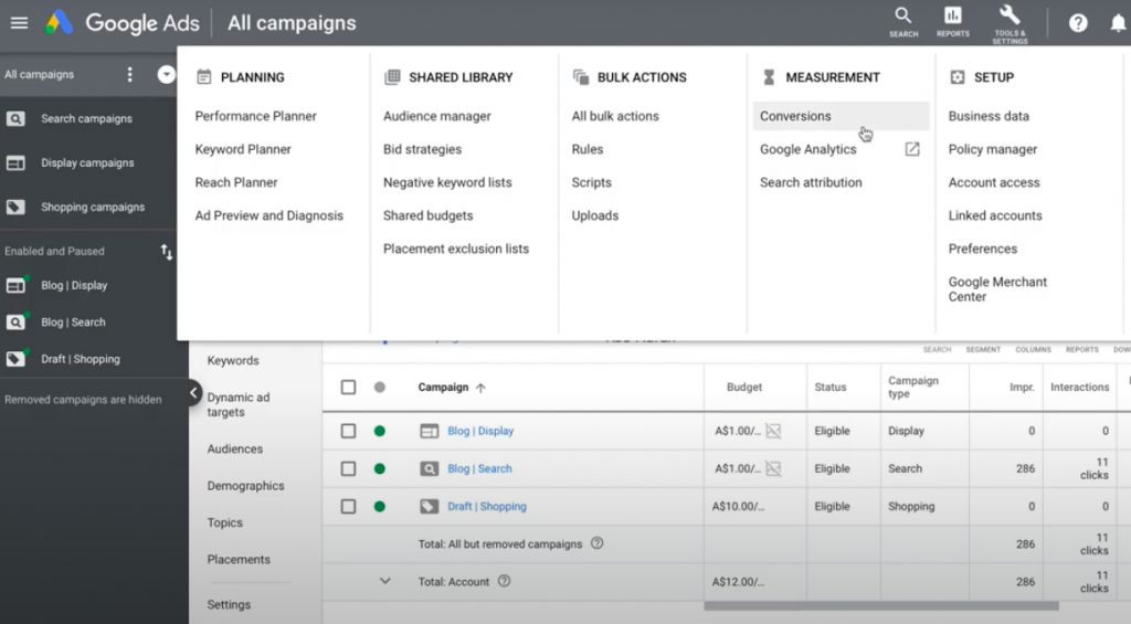 screenshot from Google Ads management website shwoing multiple aspects of a campaign