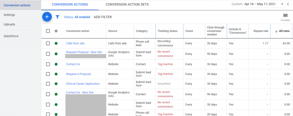 screenshot from Google Ads showing multiple conversion actions
