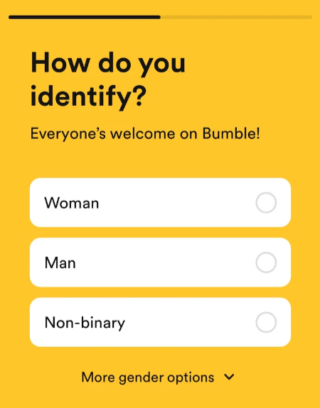 Bumble signup, example by ux writing hub to show Inclusiveness 