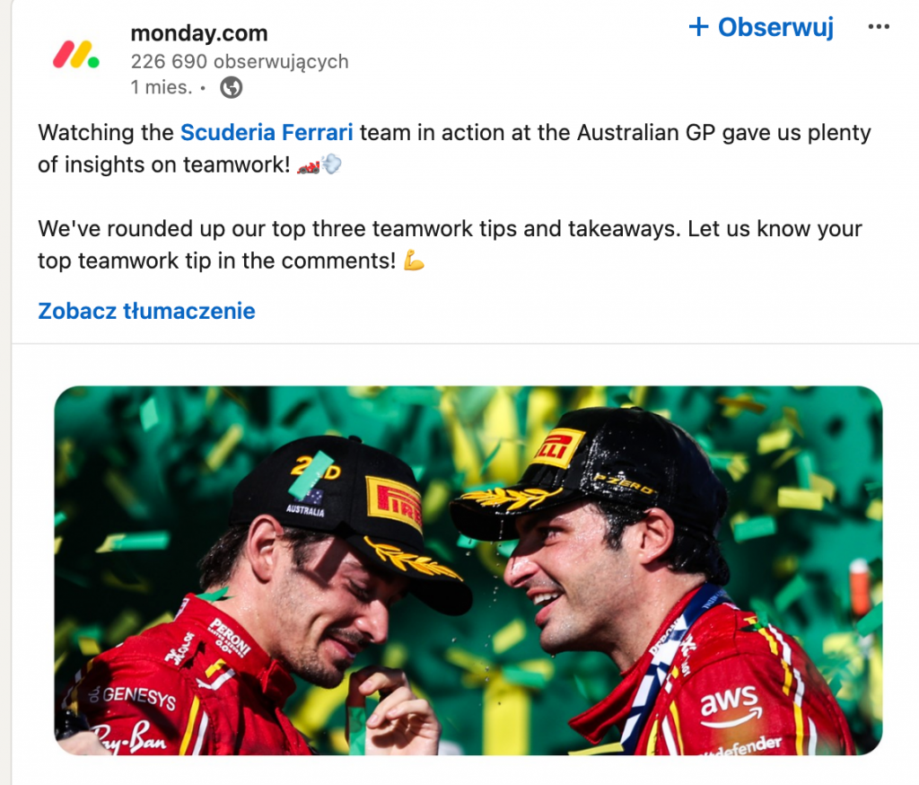 Monday.com posts about insights on teamwork from Scuderia Ferrari team