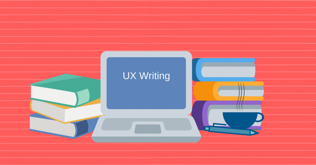 illustration of a laptop with multiple books around it displaying the text UX writing