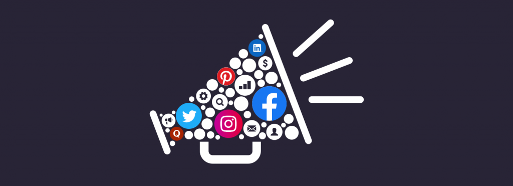 illustration of a megaphone composed of multiple elements and logos from social media platforms