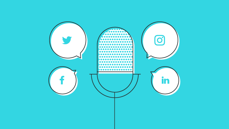 illustration of a microphone with multiple social media logos around it