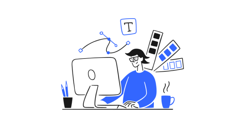 illustration of a person using a computed to write and design a page layout