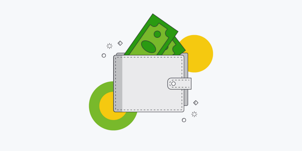 illustration of a wallet with multiple money bills and coins coming out of it